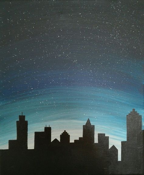 Nightsky, big city, nightcity, stars, painting Skyscraper Painting Easy, Cityscape Art Drawing, City Painting Simple, Night Building Painting, City Scape Painting Easy, Easy Cityscape Painting, Simple City Scape Drawing, City Painting Acrylic Easy, City Painting Easy