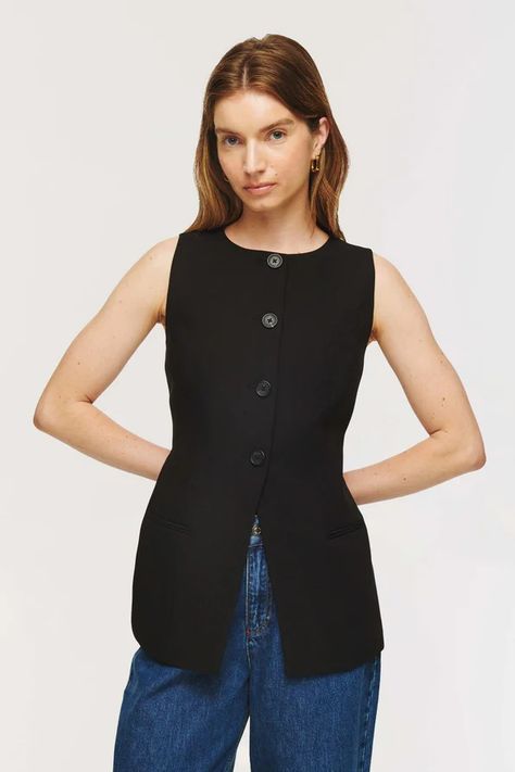 New Arrivals | New Spring/Summer Collection | ALIGNE Boss Clothes, Waistcoat Outfit, Long Waistcoat, Black Leo, Denim Waistcoat, Curved Neckline, Black Waistcoat, Long Vests, Conscious Fashion