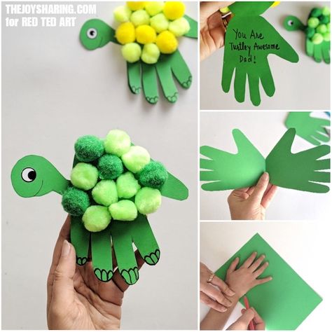 Collage of how to make a Handprint card turtle for Dad Turtle Handprint, Library Crafts, Easy Fathers Day Craft, Red Ted Art, Turtle Crafts, Toddler Ideas, Kids Worksheets, Weekend Crafts, Children's Activities