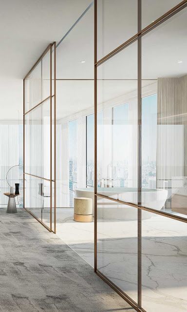 Glass Partition Wall Brass, Glass Partician Wall, Glass And Wood Partition, Sliding Door For Bedroom, High End Apartment, Glass Partition Wall, Joinery Design, Glazed Walls, Glass Doors Interior