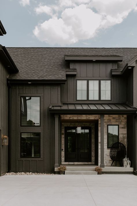 front elevation, moody front elevation Brown Black House Exterior, Dark Brown House With Black Trim, Dark Brown House Exterior, Moody Exterior House Colors, Dark Brown House, Brown Brick House Exterior, Black Exterior Paint, Brown House Exterior, Brown Brick Houses