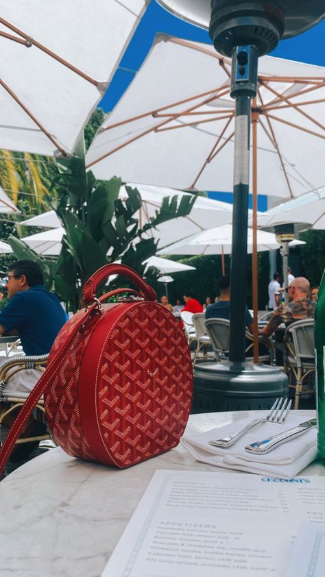 Goyard handbag in red on table at Cecconi’s in Los Angeles Goyard Trunk Bag, Red Goyard, Goyard Trunk, Goyard Handbags, Dream Accessories, Luxury Stuff, Goyard Tote, Goyard Bag, Trunk Bag