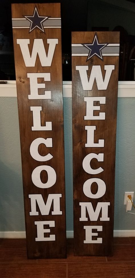 Dallas Cowboys Welcome sign!! Diy Cowboys Decor, Dallas Cowboys Front Porch Sign, Dallas Cowboy Diy Gifts, Dallas Cowboys Rocking Chair, Dallas Cowboy Door Sign, Cowboys Porch Sign, Sports Welcome Sign, Dallas Cowboys Signs Wood, Cowboys Welcome Sign