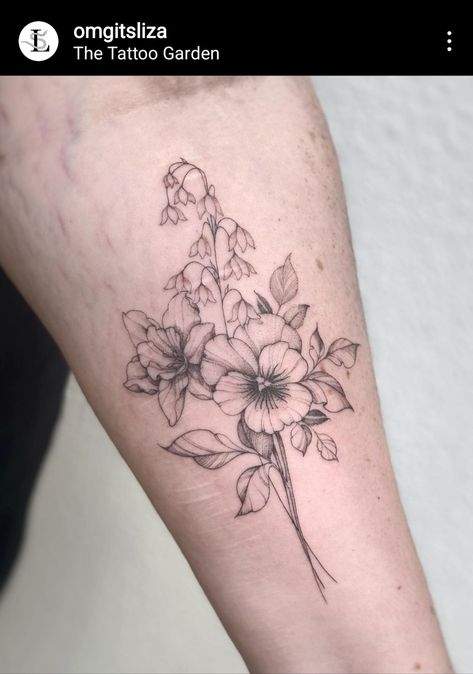 Violet Flower Tattoos, Violet Tattoo, Daffodil Tattoo, Wildflower Tattoo, Birth Flower Tattoos, Botanical Tattoo, Mother Daughter Tattoos, Bee Tattoo, Baby Tattoos