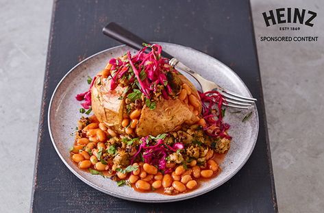 4 twists on a jacket potato with baked beans | Tesco Real Food Jacket Potato Recipe, Jacket Potatoes, Bbq Beans, Hearty Lunch, Pickled Cabbage, Tesco Real Food, Jacket Potato, Veggie Meals, Pork Sausage