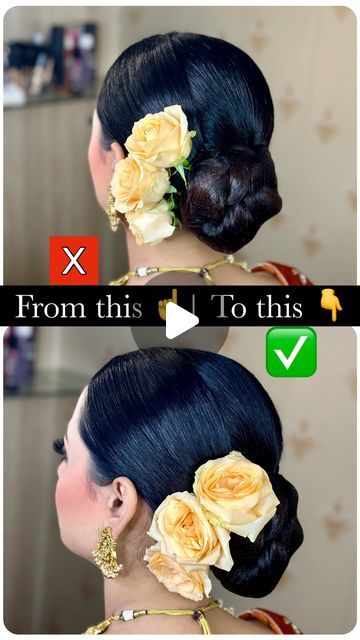 Setting of ROSE 🌹 flowers in Bridal bun…  Follow us @goldyhunjanmakeupstudio | Instagram Quick Bun Hairstyles, Festival Hair Braids, Rose Bun, Flower Bun, Half Up Wedding Hair, Bridal Bun, Bridal Hair Buns, Half Up Half Down Hairstyles, Hair Tutorials Easy