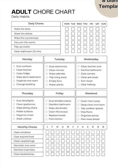 Chore Management, Adult Chore Chart, Cleaning Chart, Organized Lifestyle, Cleaning Planner, To Do Planner, Daily Chores, Clean Cleaning, House Cleaning Checklist