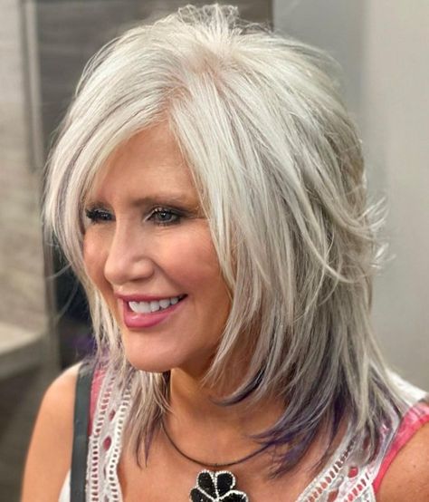 Grey Peekaboo Hair Short, Gray Shaggy Hairstyles, Shoulder Length Shags For Thick Hair, Medium Length Haircut White Hair, Lowlights For White Hair Over 50, Shag Haircuts For Medium Hair, Long Bangs Hairstyles With Long Hair, White Hair With Lowlights Over 50, Layered Gray Hair Styles