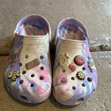 Pink and white tie dye Crocs with charms 
Kids size... - Depop Tie Dye Crocs, Crocs With Charms, White Tie, Pink And White, Kid Shoes, Kids Shoes, Clogs, Tie Dye, Charms