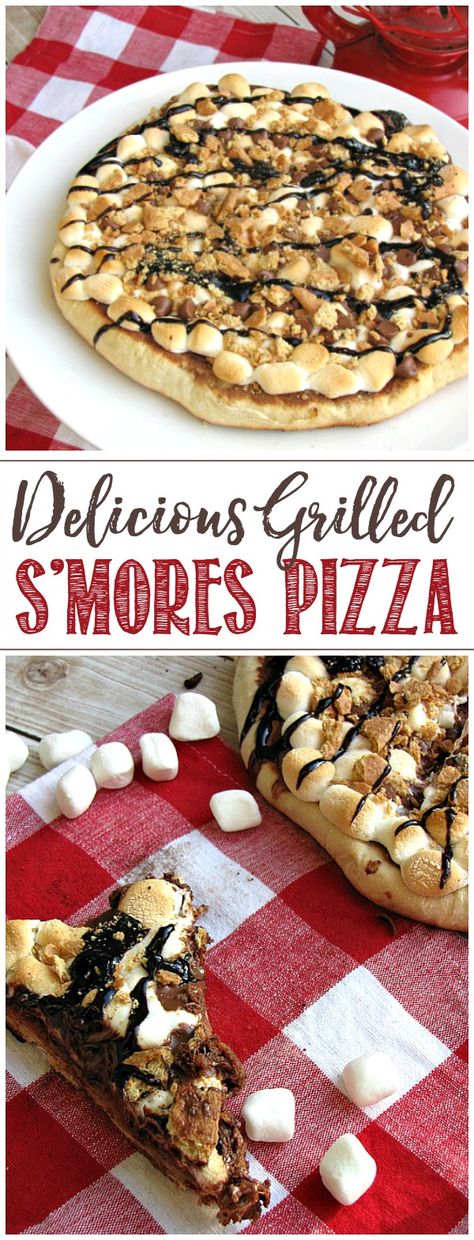 This delicious grilled s'mores pizza gives you all of that s'mores taste right in your backyard. It will definitely become a summer favorite! #smores #summerdesserts #summerrecipes #BBQ Smores Pizza With Pizza Dough, S’mores Pizza, Smores Pizza Recipe, Smores Pizza, Best Camping Recipes, Dessert Aux Fruits, Dessert Pizza, Camping Recipes, S'mores