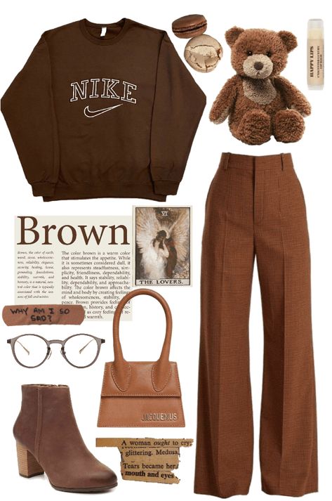 Brown Acedamia Outfits, Brown Themed Outfit, Light Brown Outfit Ideas, Brown Aesthetic Outfit Girl, Brown Clothing Style, Light Brown Trousers Outfit, Brown Aesthetic Clothes, Cute Brown Outfits, Brown Aesthetic Outfits