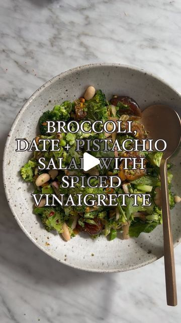 Hetty Lui McKinnon  雷瑜 on Instagram: "You know it’s a good recipe when you can happily eat it four days in a row. This broccoli, date and pistachio salad is laced with a spiced vinaigrette - it’s earthy and sweet, with lots of texture, and gets better as it sits. The dates become soft and oozy, a treacly textural counterpart to the grassy broccoli and crunchy pistachios. Thanks to @rancho_meladuco_date_farm whose beautiful dates inspired this recipe. 

Best of all, this is a spoon salad, perfect for one handed dinners. 

This recipe will go out in my newsletter #tovegetableswithlove this weekend. Sign up via my bio link or on my website." Spoon Salad, Pistachio Salad, Good Recipe, Four Days, You Know It, Pistachio, Broccoli, Nom Nom, Vegetarian Recipes