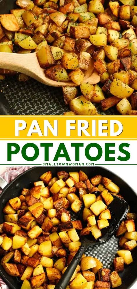 Try this easy side dish recipe! There's no precooking or parboiling required in these crispy Pan Fried Potatoes. With just the right amount and balance of herbs and spices, this potato idea for dinner will become one of your favorites! Fried Potato Bites, Fried Shredded Potatoes, Crispy Fried Potatoes, Fried Potatoes And Onions, Idea For Dinner, Russet Potato Recipes, Pan Fried Potatoes, Potato Breakfast Recipes, Potatoes In Oven