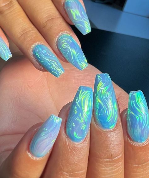 Pink And Blue Holographic Nails, Ocean Water Nails, Pink Blue And White Nails, Blue Unicorn Nails, Water Nails Acrylic, Light Spring Nails, Simple Beachy Nails, Blue Opal Nails, Aurora Borealis Nails