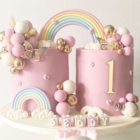 Girls First Birthday Cake, Cake Designs For Boy, Twin Birthday Cakes, Twins Cake, 1st Birthday Girl Decorations, 1st Birthday Party For Girls, Rainbow Birthday Cake, Unicorn Birthday Cake