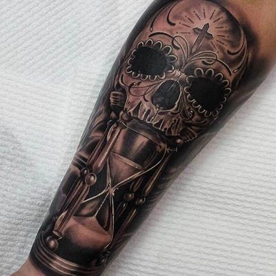 Day Of The Dead Skull Tattoo, Day Of Dead Tattoo, Skull Girl Tattoo, Hourglass Tattoo, Skull Sleeve Tattoos, Skull Sleeve, Forarm Tattoos, Aztec Tattoo, Sugar Skull Tattoos