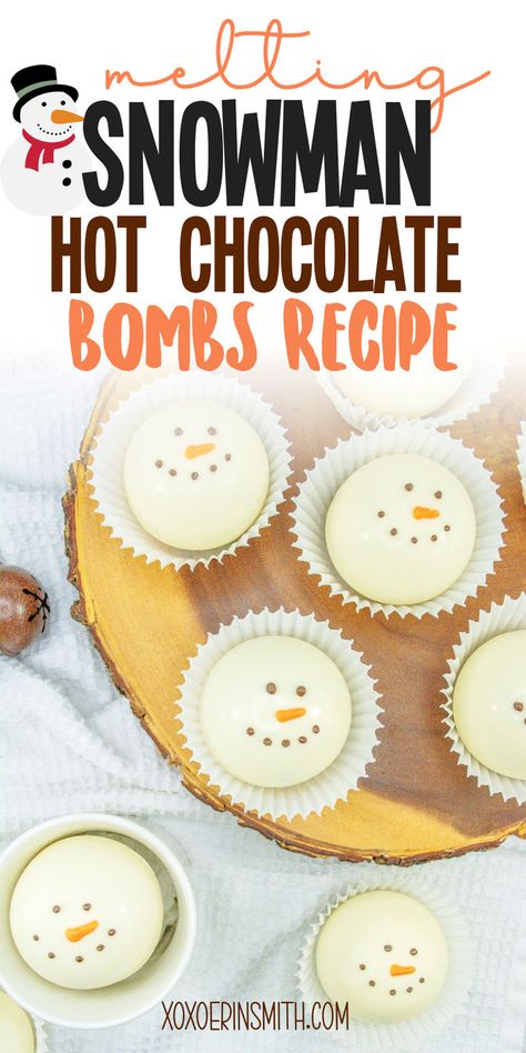 cute and easy melting snowman hot chocolate bombshell recipe to make. Winter Treat Ideas, Hot Chocolate Recipes Easy, Hot Chocolate Bombshell Recipe, Hot Chocolate Bombshell, Chocolate Bombshell, Christmas Treats Easy, Snowman Hot Chocolate, Holiday Themed Desserts, Winter Hot Chocolate