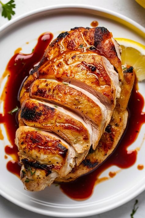 Grilled chicken breast sliced on a white plate with sauce and a lemon wedge. Sauces For Chicken, Sauce Ideas, Grilling Chicken, Chicken Sauce Recipes, Gourmet Food Plating, Chicken Sauce, Tangy Bbq Sauce, Bbq Sauces, African Cooking