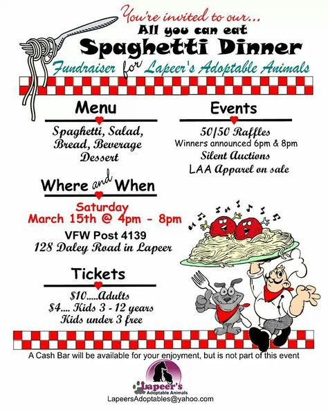 Spaghetti dinner fundraiser for Lapeer's Adoptables!! Saturday March 15  @ 4pm-8pm  Lapeer VFW   https://www.facebook.com/photo.php?fbid=599391320131691&set=a.274627135941446.60725.267166810020812&type=1&theater Spaghetti Feed Fundraiser, Spaghetti Dinner Fundraiser Ideas, Theater Fundraising Ideas, Spaghetti Fundraiser Ideas, Benefit Dinner Ideas Fundraising, Dinner Fundraiser Ideas, Community Fundraising Ideas, Spaghetti Fundraiser, Church Fundraising Ideas