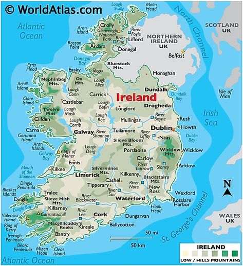 Physical Map of Ireland Map Of Ireland Printable, Traveling Ireland, Dundalk Ireland, Ireland Facts, Map Of Ireland, Limerick City, Canal Boats, Park River, Galway City