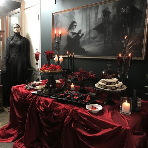 Halloween Dessert Table Backdrop, Dark Victorian Party Theme, 1920 Halloween Party, Red Halloween Party Decor, Dracula Party Decorations, Red Theme Dessert Table, Gothic Glam Birthday Party, Gothic Theme Birthday Party, Gothic Victorian Party Decor