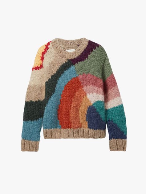 Three Color Knitting Patterns, Intarsia Knit Sweater, Quirky Sweaters, Colorful Knitted Sweaters, Cute Knitted Sweaters, Colorful Sweater Outfit, Knitted Sweater Outfit, Funky Sweaters, Colorful Knit Sweater