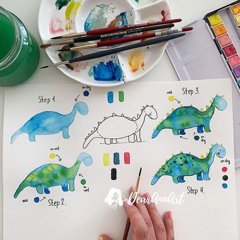 Learn how to draw a dinosuar with this watercolor painting. Dinosaur drawing ideas are so fun to use for references. Artist Hue, Lovely Sunday, Learn Watercolor Painting, Dinosaur Drawing, Watercolor Flowers Tutorial, Learn Watercolor, Kids Watercolor, Diy Watercolor Painting, Watercolour Inspiration