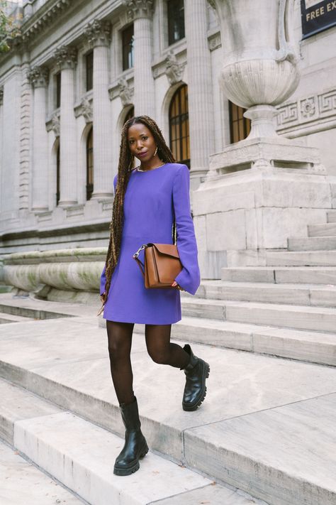 Purple Dress Street Style, Purple Sweater Dress Outfit, Deep Purple Outfit, Violet Dress Outfit, Purple Dress Outfit, Dress With Black Boots, Purple Dress Outfits, Purple Dress Casual, Thrift Fits