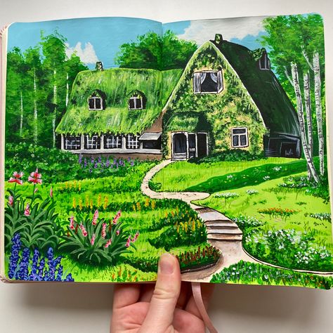 Studio Glibly Painting, House Gouache Painting, Gibli Painting Idea, Ghibli Gouache Painting, Studio Ghibli Gouache, Gouche Painting Ideas Easy, Studio Ghibli Painting, Ghibli Painting, Watercolor Painting Easy