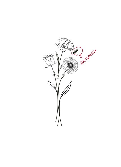 Birth Flower With Names or Date on the stem Venue Sketch, Birth Flower Tattoos, Special Flowers, Flower Names, Digital Drawings, Flower Tattoo Designs, Feb 5, Birth Flower, First Tattoo