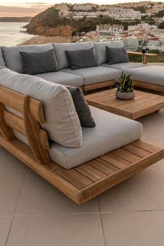 Sofa Area Externa, Front Porch Furniture, Patio Couch, Wood Patio Furniture, Outdoor Deck Furniture, Teak Outdoor Furniture, Outside Furniture, Sectional Furniture, Backyard Furniture