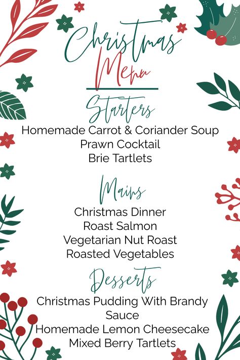 Christmas Menu Template Free Christmas Menu Templates Printable, Vegetarian Nut Roast, Christmas Menu Design, Christmas Menu Template, Xmas Menu, Free Printable Menu, Carrot And Coriander Soup, Brandy Sauce, Menu Display