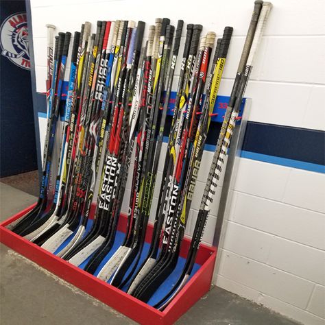 Hockey Stick Rack, Hockey Storage Ideas, Hockey Room, Hockey Stuff, Wooden Craft, Sport Hockey, Hockey Stick, Wooden Crafts, Flower Boxes