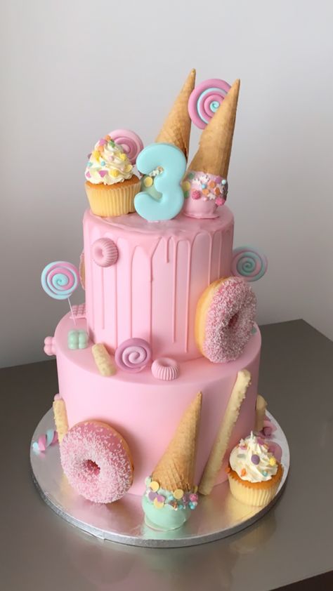 Pastel Candyland Birthday Cake, It’s Sweet To Be Three, Candy 3rd Birthday Party, Candyland 3rd Birthday Party, Cute Two Tier Cakes, Lolly Themed Party, 2 Sweet Birthday Cake Ideas, Candyland Birthday Party Activities, Pastel Candy Land Party