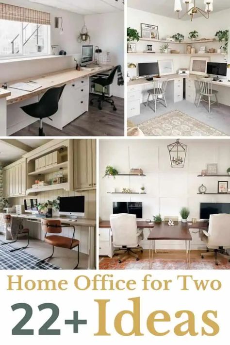 Home Office For 2 Layout, 2 Office Desk In One Room, Home Office Double Desk Ideas, Share Office Space Ideas, Office Layout 2 Desks, Home Office Ideas For 2 People, Small Office Ideas For Two People, Two Office Desks In One Room, Small Home Office Design For Two