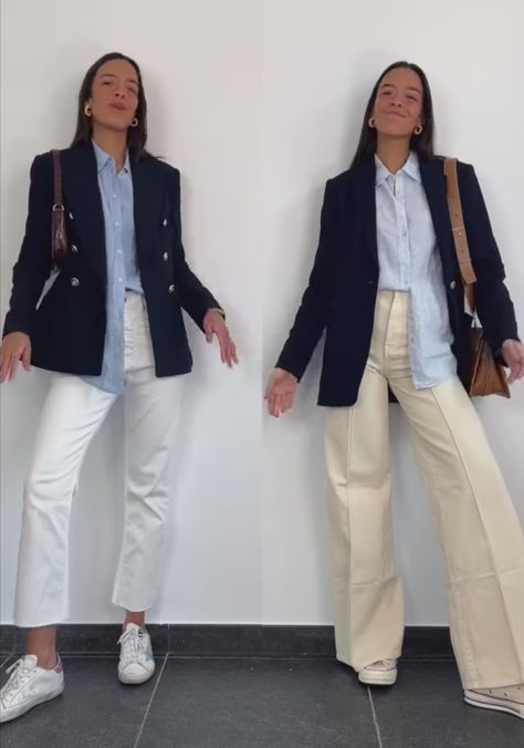 Outfit Blazer Azul Marino, Thrift Manifest, Outfit Trabajo, White Denim Outfit, Nyc Fall Outfits, University Outfits, Nyc Fall, Blazer Bleu, Jeans Outfit Winter