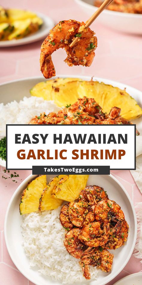 Hawaiian shrimp trucks are famous for their buttery Hawaiian garlic shrimp. These large succulent garlic shrimp are cooked in a loaded garlic butter-infused sauce. Hawaiian Spicy Garlic Shrimp, Garlic Shrimp Hawaiian Style, Hawaiian Shrimp Recipes, Garlic Shrimp Appetizer, Hawaiian Shrimp, Hawaiian Garlic Shrimp, Teacher Lunch, Hawaiian Restaurant, Spicy Garlic Shrimp