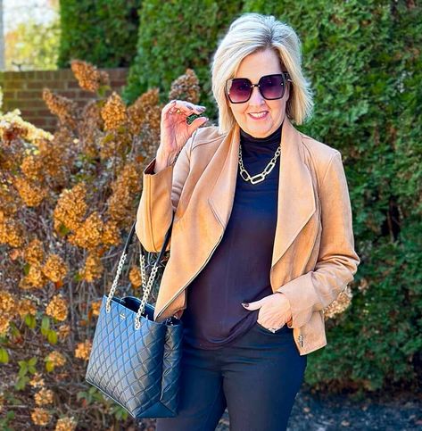 Tania Stephens, Fall Dressy, Amazon Influencer, Black Moto Jacket, Black Friday Specials, Look Expensive, Faux Suede Boots, Metallic Skirt, Style Challenge