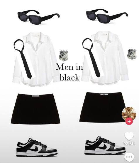 Halloween Outfits Black Dress, Fbi Agent Costume Diy, Simple School Halloween Costumes, Men In Black Costume Ideas Women, Halloween Costumes With A Black Skirt, Halloween Costume With Black Skirt, Ideas For Halloween Costumes For Women, Costumes With A Black Dress, Costumes With Black Skirt