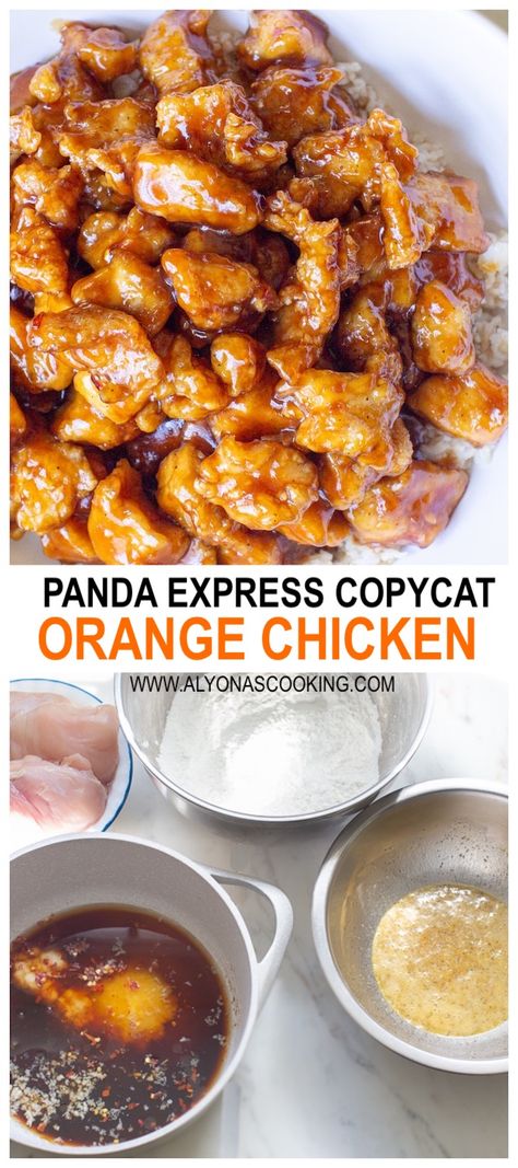 Homemade Chinese orange chicken in a sweet and citrusy glaze. Orange Chicken Recipe With Panda Sauce, Orange Chicken And Lo Mein Recipe, Yummy Family Meals, Dinner For Parties, Panda Express Copycat Orange Chicken, Easy Panda Express Orange Chicken, How To Make Panda Express Orange Chicken, Orange Chicken With Panda Express Sauce, Chow Mein And Orange Chicken