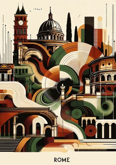 Concept Poster Architecture, Rome Art Aesthetic, Souvenir Bags, Beauty Poster, Earthy Greens, Rome Art, Abstract Posters, Travel Poster Design, Ancient Paintings