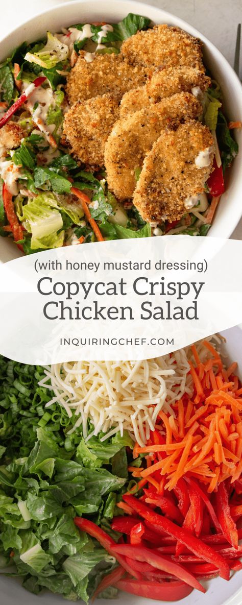 Healthy Crispy Chicken Salad, Chicken Cutlet Salad Dinners, Breaded Chicken Salad Recipes, Salad With Breaded Chicken, Chicken Cutlet Salad, Crispy Chicken Salad Recipe, Baked Crunchy Chicken, Creamy Honey Mustard Dressing, Fried Chicken Salad