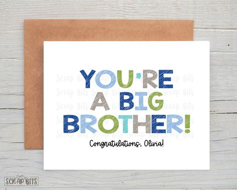 Send your warmest wishes and congratulations to the new big brother with this beautifully handcrafted "Big Brother" greeting card. This heartfelt card is the perfect way to celebrate the joy of brotherhood and make him feel special during this exciting time. It's a keepsake-worthy card that he can cherish for years to come. 𝗣𝗥𝗢𝗗𝗨𝗖𝗧 𝗜𝗡𝗙𝗢𝗥𝗠𝗔𝗧𝗜𝗢𝗡 * A2 size FOLDED card - 5.5" x 4.25" * Optional Personalization below main graphic  * Complimentary color changes ARE allowed (no font changes) * Ink Chart: http://www.etsy.com/listing/84620102 * Optional printed inside message * Professionally printed on high-quality cardstock * Includes a premium square-flap Kraft envelope Please check all spelling and grammar as we can't be held responsible for any errors or typos. Watermark remo Big Brother Card Ideas, Brother Card, Make Him Feel Special, New Big Brother, Lincoln University, Warmest Wishes, Big Sis, Spelling And Grammar, A2 Size