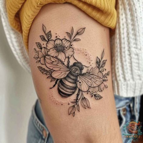 Un-BEE-lievable Beauty: Exploring the Fascinating World of Bee Tattoos: 92 Designs - inktat2.com Two Bumble Bee Tattoo, Bee Tattoo Placement, Floral Bee Tattoo, Bee And Flower Tattoo, Queen Bee Tattoo, Bee Tattoos, Honey Bee Tattoo, Honeycomb Tattoo, Earthy Tattoos