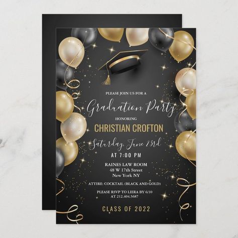 $2.90 | Black and Gold Balloons Confetti High School College University Law Degree Graduation Party Invitation #graduationpartyinvitation #graduationinvitation #collegegraduationinvitation #highschoolgraduationinvitation #elegantgraduationinvitation #lawdegreegraduationinvitation #graduationinvitations #love #photography #graduation2023 #graduationday #laurea #graduate #classof2023 #happy | Graduation invitation ideas | Graduation invitation cards | Graduation invites | Graduation party ideas Graduation Party Ideas Masters Degree, Black And Gold Graduation Party Ideas, Balloon Graduation, Graduation Invites, Graduation Invitation Cards, Graduation Invitations High School, Degree Graduation, Graduation Dinner, Black And Gold Theme