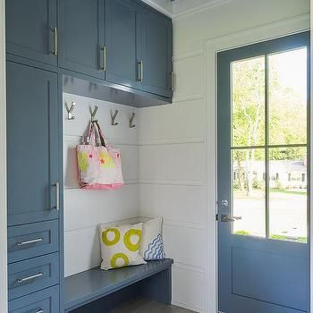 Floor To Ceiling Mudroom Cabinets Design Ideas Shiplap Mudroom, Ceiling Wallpaper Ideas, Blue Mudroom, Mudroom Shelves, Blue Shiplap, Mudroom Cabinetry, Blue Interior Doors, Transitional Laundry Room, Built In Lockers