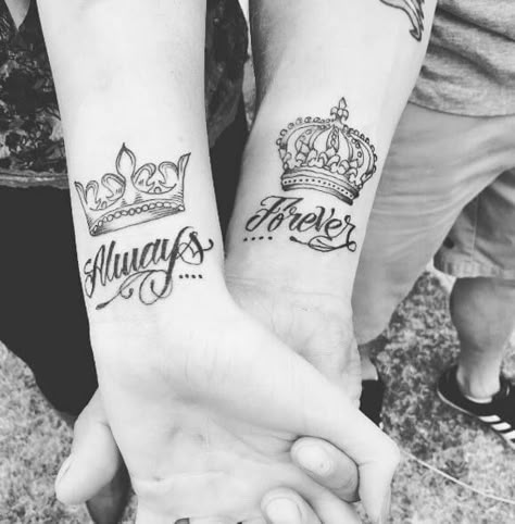 King and Queen Tattoos Queen Quotes Tattoo, Couple Tattoos Ideas, Matching Tattoos For Couples, Queen Tattoos, King Queen Tattoo, Marriage Tattoos, Him And Her Tattoos, Couple Tattoos Unique Meaningful, Couple Tattoos Love