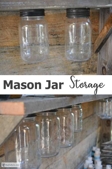 Pieces Nails, Craft Storage Ideas, Mason Jar Holder, Mason Jar Organization, Mason Jar Storage, Fox Farm, Craft Table Diy, Van Storage, Rustic Crafts