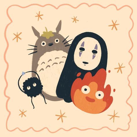 Cute Ghibli Art, Calcifer Aesthetic, Studio Ghibli Fall Aesthetic, Cute Studio Ghibli Doodles, Studio Ghibli Doodle Art, Ghibli Doodle Art, Studio Ghibli Halloween Art, My Neighbor Totoro Illustration, Totoro Art