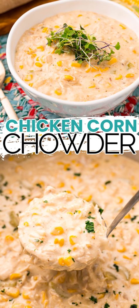 This thick and hearty Chicken Corn Chowder recipe is loaded with flavor and creamy goodness for a deliciously comforting meal! #ThingsIWantToEat #chicken #corn #chowder #cornchowder #comfortfood #soup Best Corn Chowder Recipe, Chicken Corn Chowder Recipe, Corn Chowder Soup, Chicken Chowder, Chicken Corn Chowder, Gourmet Grilled Cheese, Recipe For Dinner, Chicken Corn, The Slow Roasted Italian